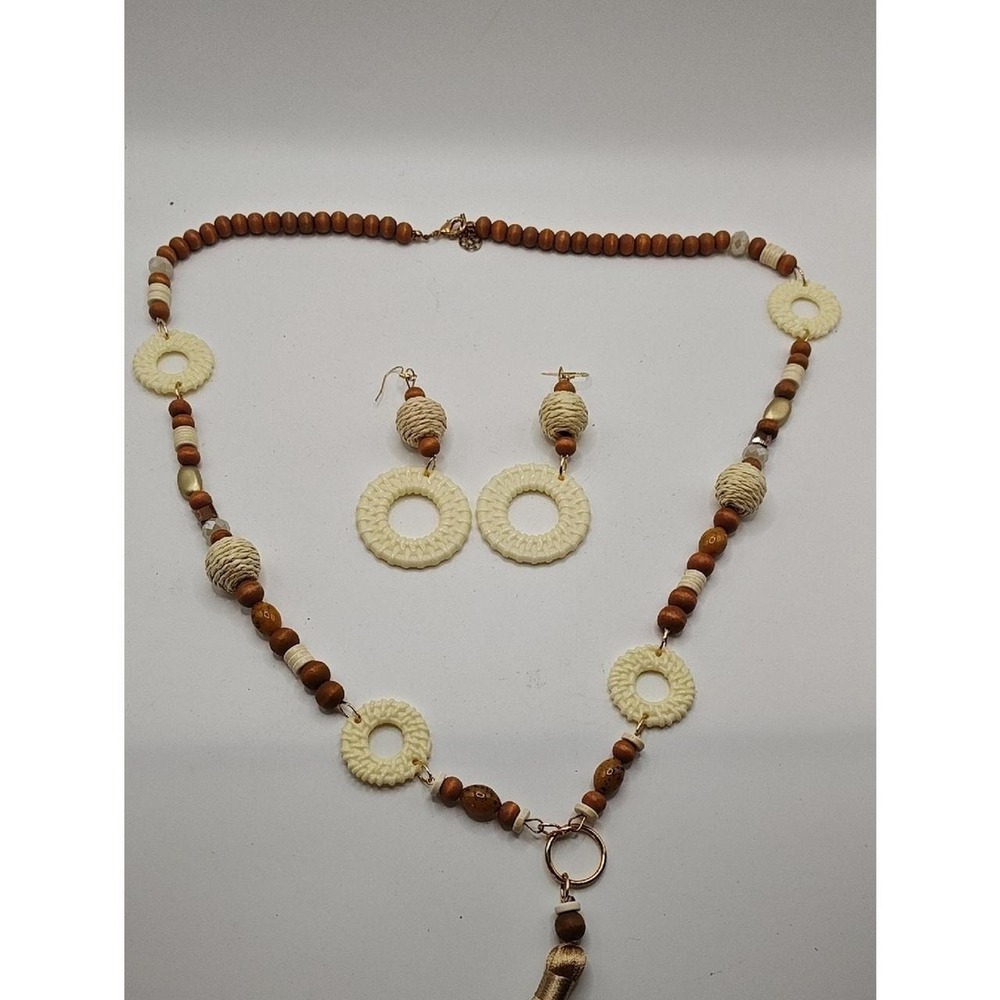 Bohemian‎ Beaded Necklace, Drop Earrings Brown Cream Tasseled Bohemian Western